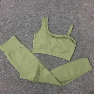 2021 Seamless Yoga Set Women Gym Sportswear Outfit Yoga Pant Leggings Pad One Shoulder Sports Bra 2 Pcs Workout Cloth Tracksuit