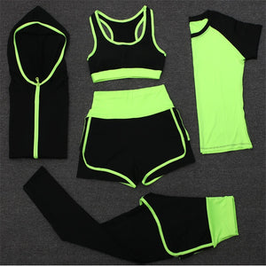 High waist pants+shorts+bra+t shirt+coats women sportswear 5PCS set outdoor running quick dry yoga clothing fitness gym sets