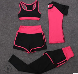 High waist pants+shorts+bra+t shirt+coats women sportswear 5PCS set outdoor running quick dry yoga clothing fitness gym sets