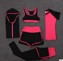 High waist pants+shorts+bra+t shirt+coats women sportswear 5PCS set outdoor running quick dry yoga clothing fitness gym sets