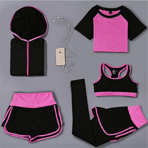 High waist pants+shorts+bra+t shirt+coats women sportswear 5PCS set outdoor running quick dry yoga clothing fitness gym sets