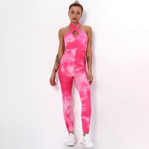 Sexy One Piece Yoga Set Fitness Jumpsuit Sportswear For Women Tie-dye Jacquard Backless Gym Wear Tracksuit Running Workout Suit