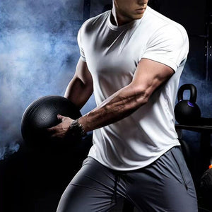 Mens Fitness Clothes Sports T-Shirt Elastic Muscle Gym New Male Training Quick Drying Casual Short Sleeves T-shirt