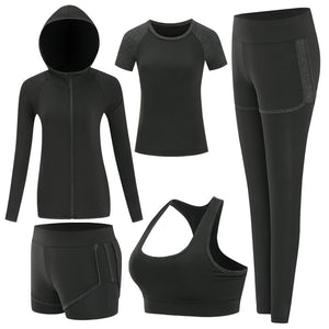 High waist pants+shorts+bra+t shirt+coats women sportswear 5PCS set outdoor running quick dry yoga clothing fitness gym sets