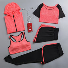 High waist pants+shorts+bra+t shirt+coats women sportswear 5PCS set outdoor running quick dry yoga clothing fitness gym sets