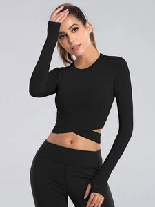 Sexy Women&#39;s Yoga T-shirts Long Sleeve Running Tees Quick Dry Fitness Gym Tracksuit Cross Strap Crop Tops Sports Shirts