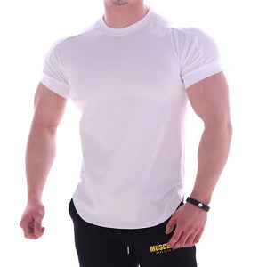 Mens Fitness Clothes Sports T-Shirt Elastic Muscle Gym New Male Training Quick Drying Casual Short Sleeves T-shirt