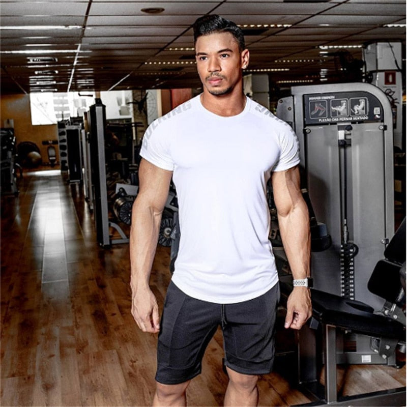 Compression Quick dry T-shirt Men Running Sport Skinny Short Tee Shirt Male Gym Fitness Bodybuilding Workout Black Tops Clothing