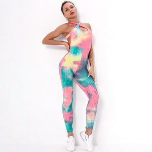 Sexy One Piece Yoga Set Fitness Jumpsuit Sportswear For Women Tie-dye Jacquard Backless Gym Wear Tracksuit Running Workout Suit