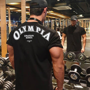 OLYMPIA Cotton Gym Shirt Sport T Shirt Men Short Sleeve Running Shirt Men Workout Training Tees Fitness Loose  M-XXXL