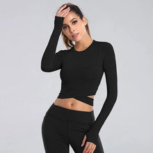 Sexy Women&#39;s Yoga T-shirts Long Sleeve Running Tees Quick Dry Fitness Gym Tracksuit Cross Strap Crop Tops Sports Shirts