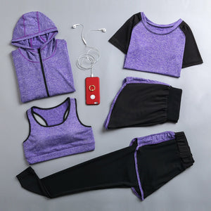 High waist pants+shorts+bra+t shirt+coats women sportswear 5PCS set outdoor running quick dry yoga clothing fitness gym sets