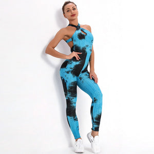 Sexy One Piece Yoga Set Fitness Jumpsuit Sportswear For Women Tie-dye Jacquard Backless Gym Wear Tracksuit Running Workout Suit