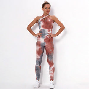 Sexy One Piece Yoga Set Fitness Jumpsuit Sportswear For Women Tie-dye Jacquard Backless Gym Wear Tracksuit Running Workout Suit