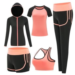 High waist pants+shorts+bra+t shirt+coats women sportswear 5PCS set outdoor running quick dry yoga clothing fitness gym sets