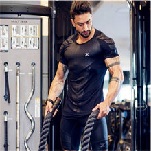 Compression Quick dry T-shirt Men Running Sport Skinny Short Tee Shirt Male Gym Fitness Bodybuilding Workout Black Tops Clothing