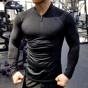 Quick Dry Running Shirt Men Bodybuilding Sport T-shirt Long Sleeve Compression Gym Fitness Tight zipper collar Autumn winter